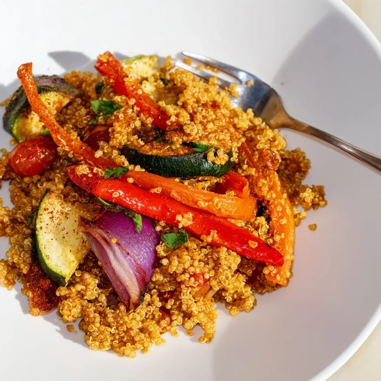 Fluffy quinoa vegetable pilaf served in a rustic bowl, showcasing colorful roasted seasonal vegetables and a sprinkle of fresh herbs, ready to be enjoyed.  
