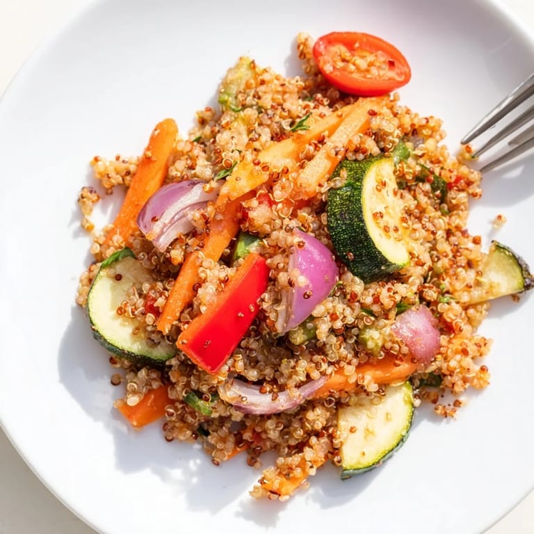 A vibrant bowl of quinoa vegetable pilaf with roasted red onions, zucchini, and cherry tomatoes, garnished with mint and a drizzle of lemon juice.