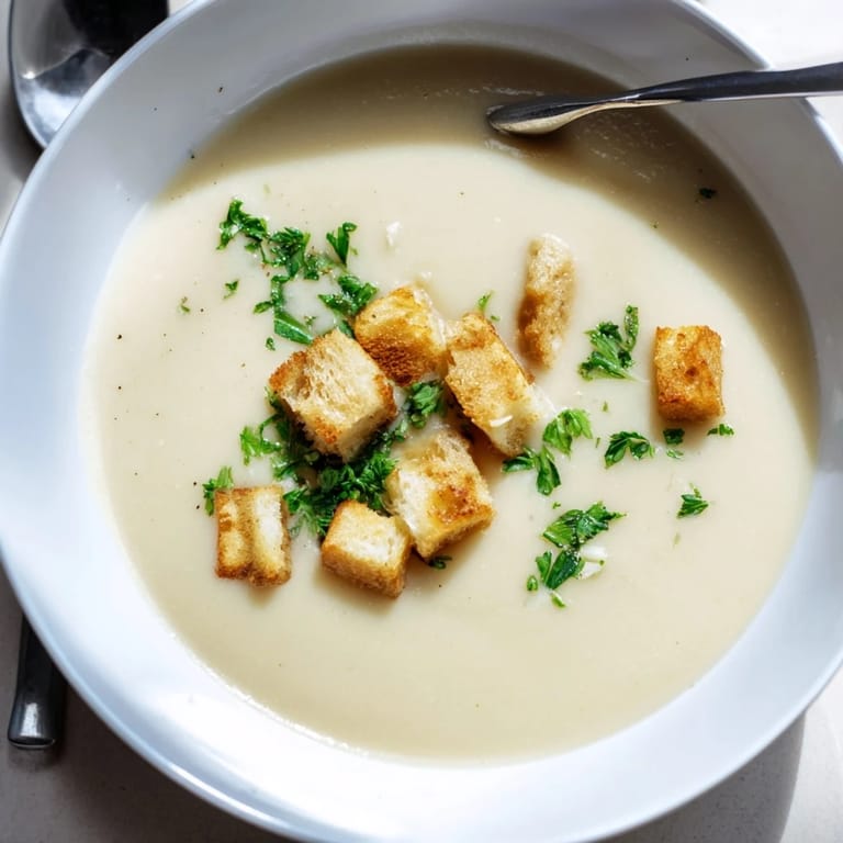 An immersion blender purées the Roasted Garlic Soup base featuring russet potatoes and sweet caramelized cloves.