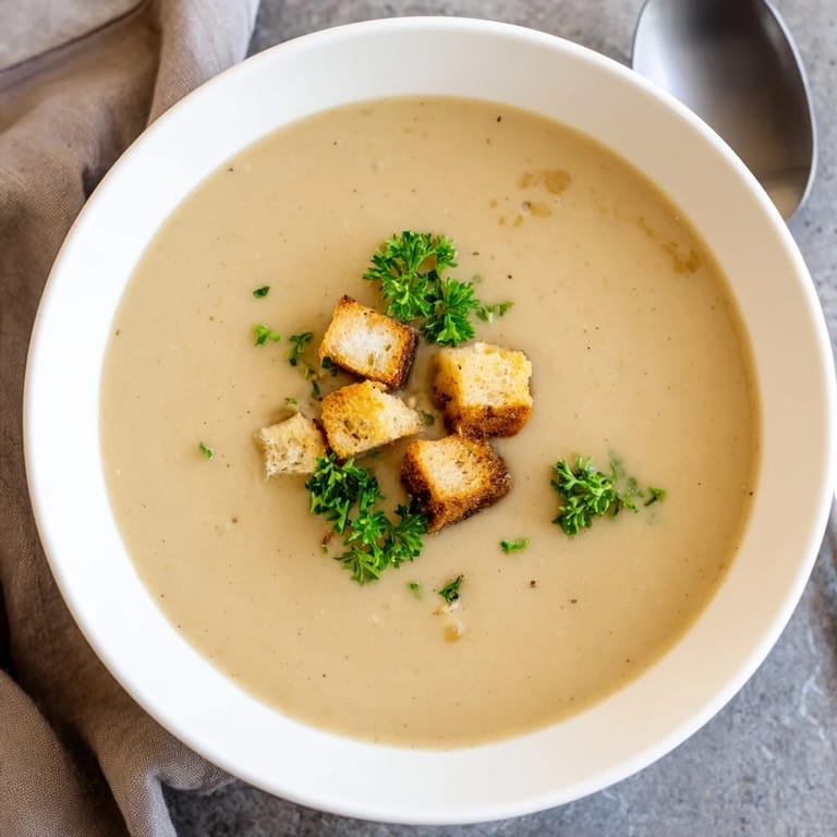 Four servings of velvety Roasted Garlic Soup ready to enjoy with crusty bread on a wooden table.
