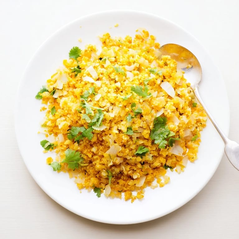 Bright, vegan Turmeric Cauliflower Rice in a white bowl, served alongside grilled chicken for a healthy weeknight meal.