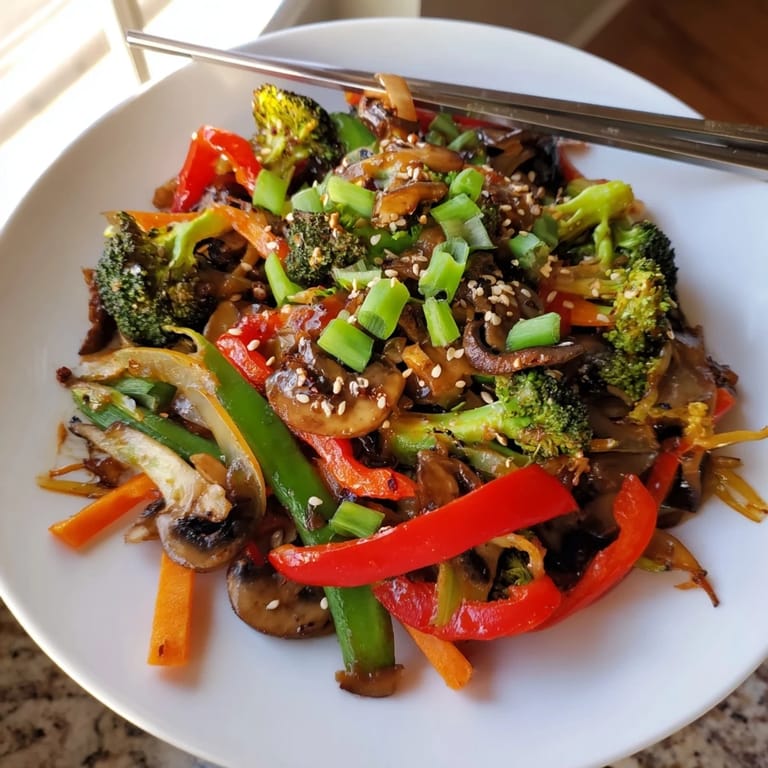 Freshly cooked Ginger Stir-Fried Vegetables served over fluffy white rice in a ceramic bowl, with a side of chopsticks ready to enjoy this aromatic, savory meal.