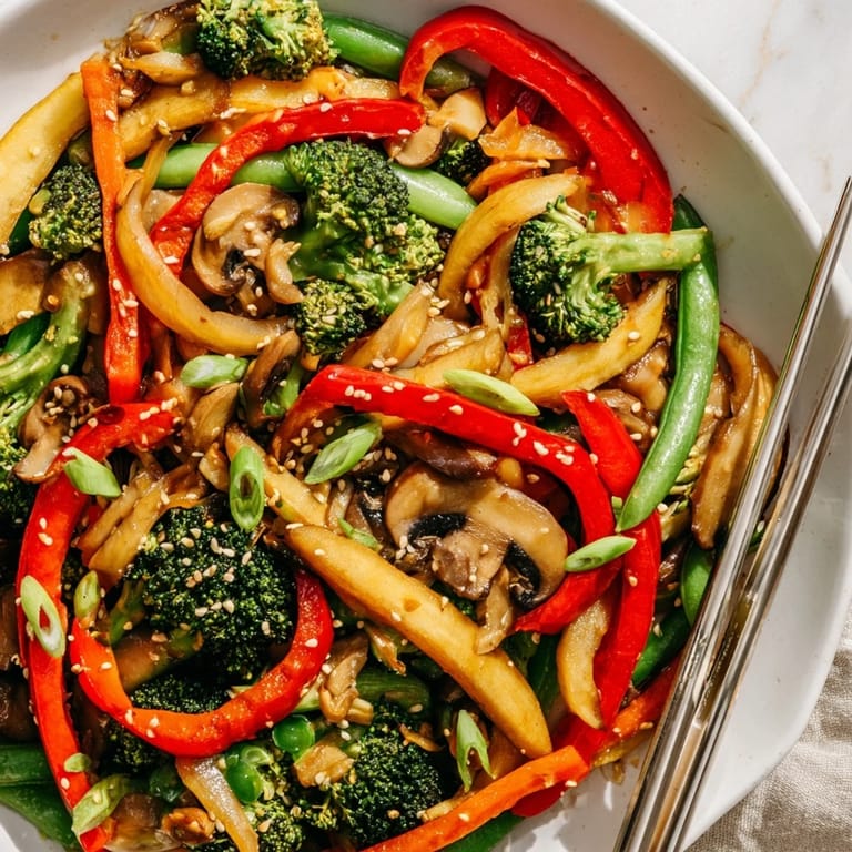 Bright green and orange vegetables piled high in a bowl, topped with toasted sesame seeds and fresh green onions, showcasing a quick and healthy vegan dinner.  