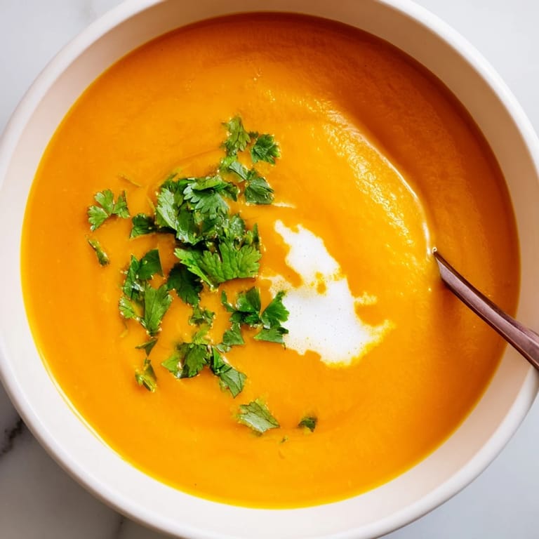 Silky pureed Carrot Ginger Soup in a rustic bowl with a lemon wedge and garnish.