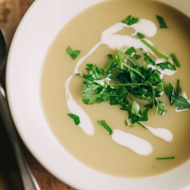 Parsnip and herb soup in a rustic bowl topped with dill and chives, a comforting vegetarian dish.