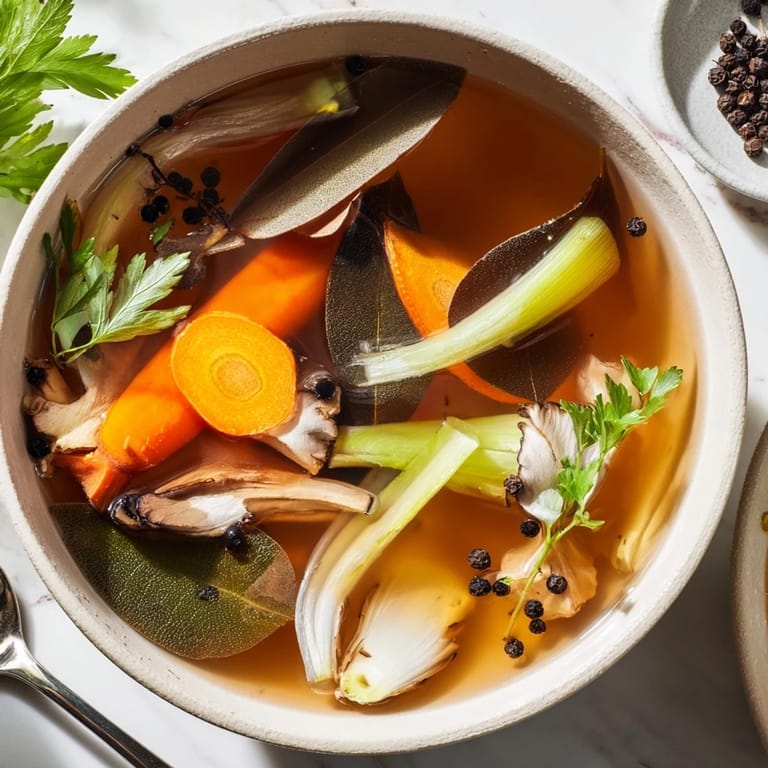 Homemade vegetable broth from kitchen scraps in a clear glass bowl, garnished with fresh parsley, ready for sipping or soup.  