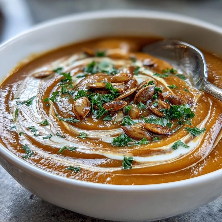 Creamy Butternut Squash and Apple Soup with a swirl of cream, sliced bread, and a green garnish on the side.