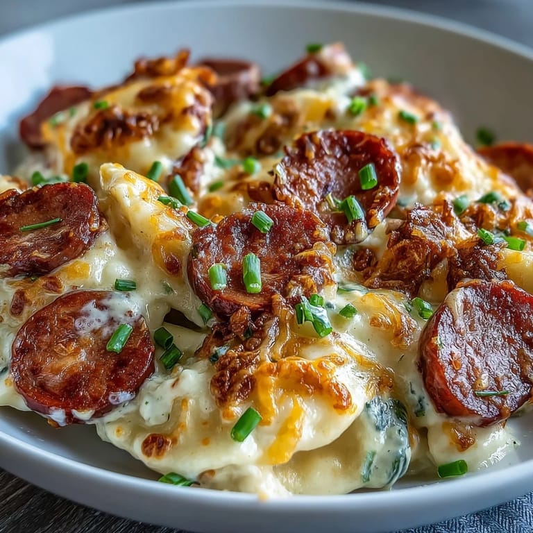 Savory kielbasa and pierogi bake in a rich, cheesy sauce in a crockpot.