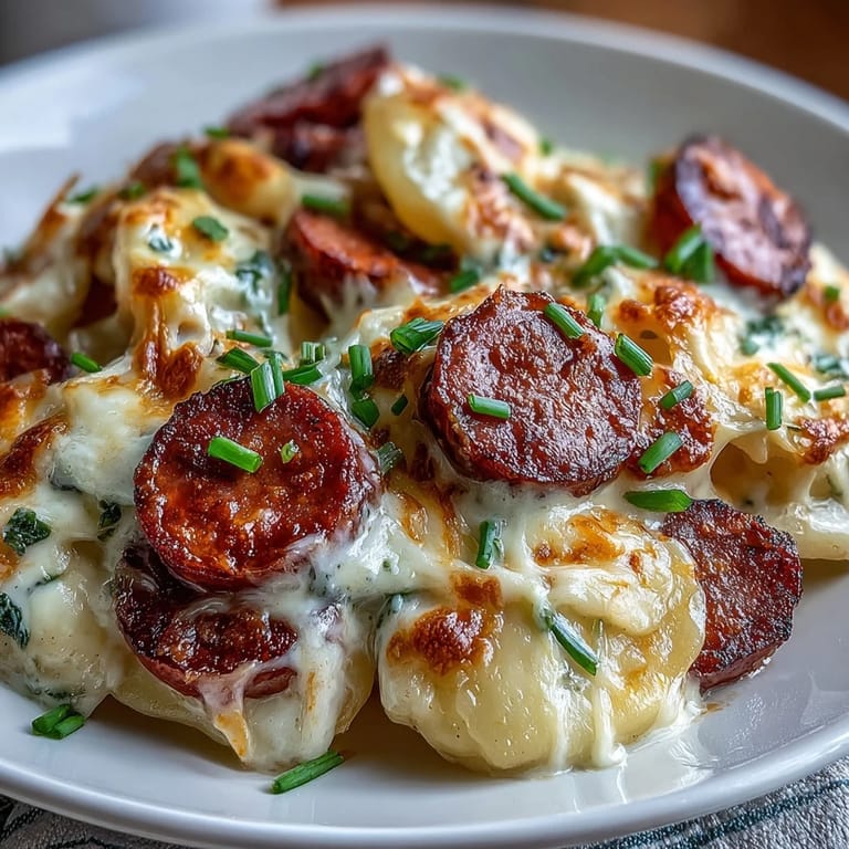 Ready-to-serve Crockpot Pierogi Casserole with Kielbasa garnished with fresh green chives.