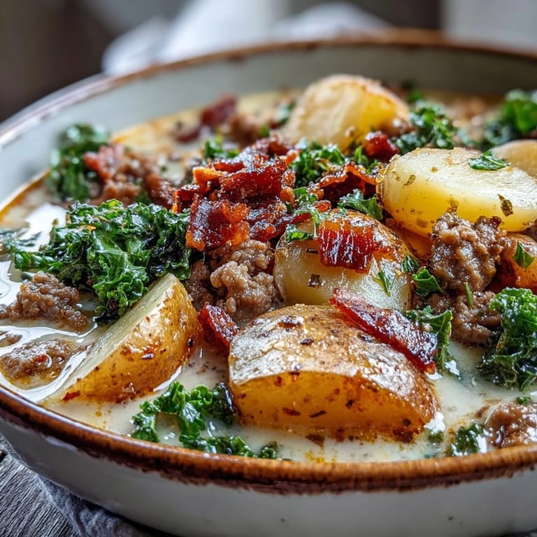 A bowl of hearty Italian Sausage Soup topped with golden bacon bits and parmesan.