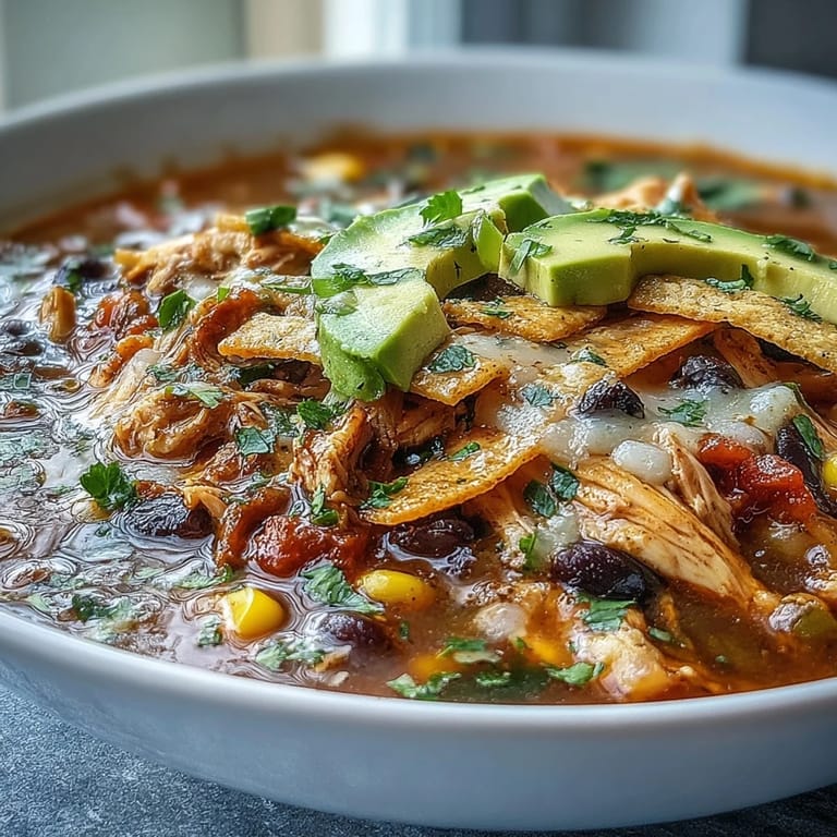 A ladle pours steaming Instant Pot Chicken Tortilla Soup into a white bowl, revealing vibrant red broth and garnished with tortilla strips.
