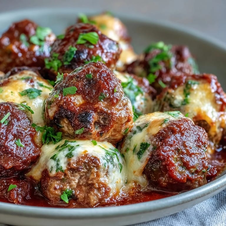 Gluten-free dinner idea featuring golden brown Cheesy, Garlicky Meatballs With Marinara and plenty of melted cheese.
