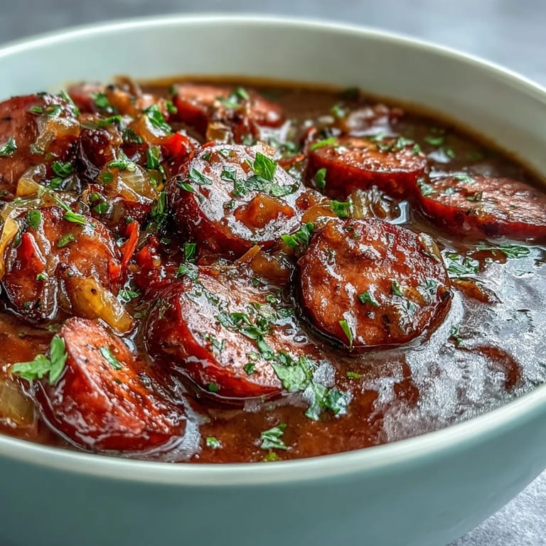 Slow cooker Crock Pot BBQ Cocktail Sausage Soup showcases chunky sausages and diced tomatoes in a sweet, savory, and smoky broth.