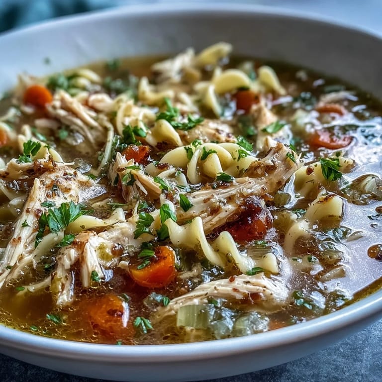 Ladle serving Instant Pot Chicken Noodle Soup garnished with fresh parsley from the pot with steam rising.