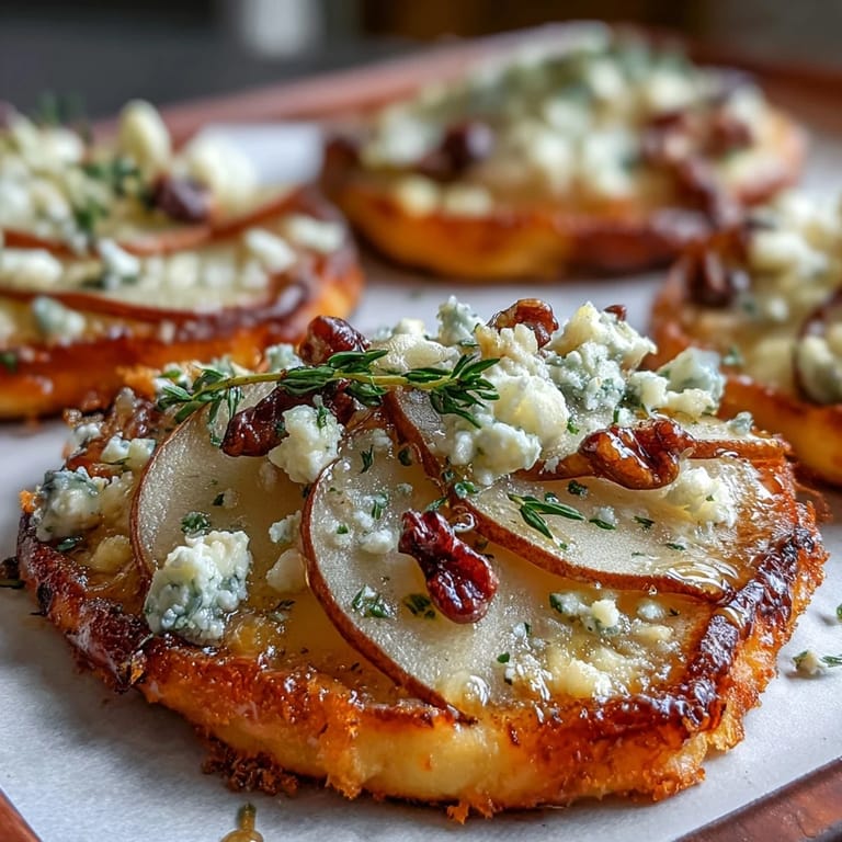 Fresh thyme and a drizzle of honey crown these warm, bite-sized Pear, Gorgonzola, and Pickled Walnut Pizzettes.