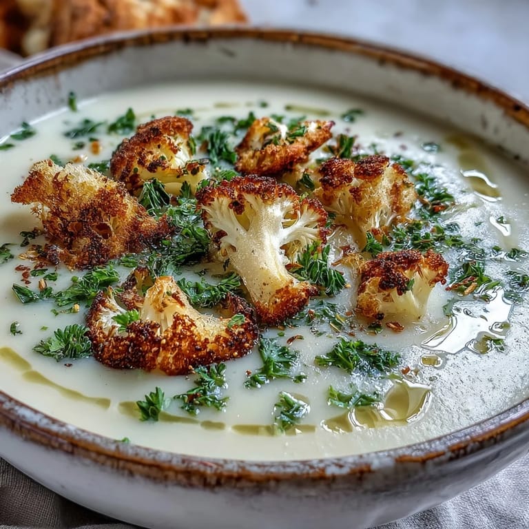 A comforting bowl of Cauliflower and Broccoli Soup garnished with fresh thyme and a drizzle of olive oil.
