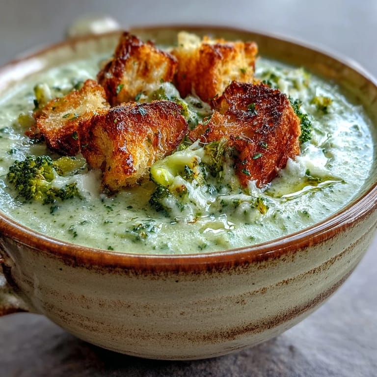 Cauliflower and Broccoli Soup with crunchy croutons and diced carrots, ready to be enjoyed on a chilly day.