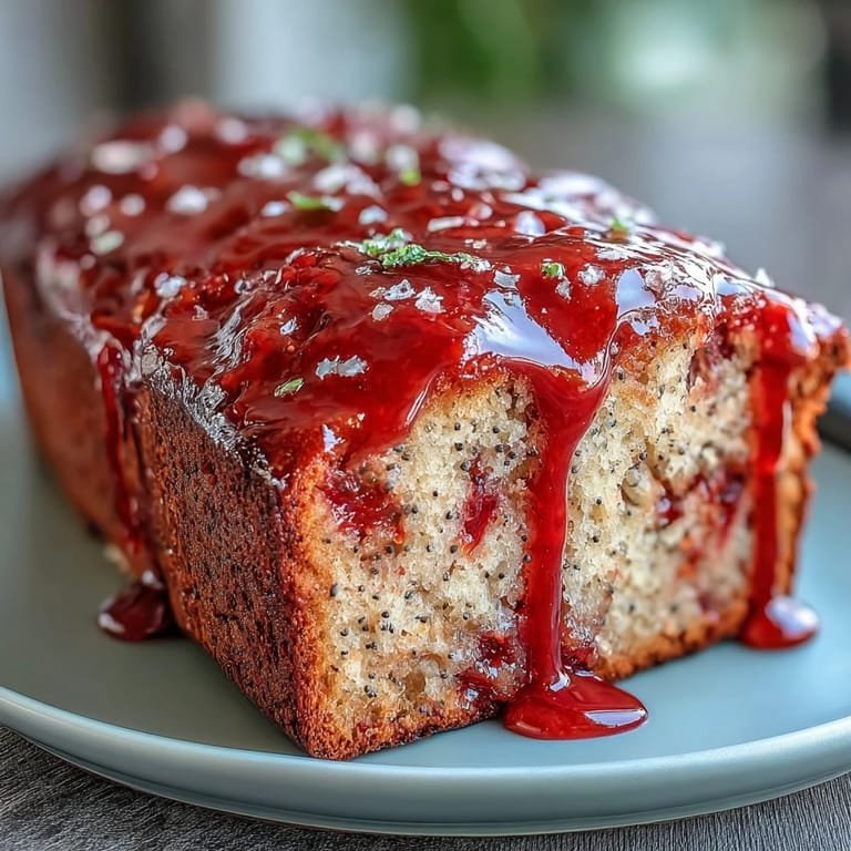Freshly baked Blood Orange Loaf Cake with Poppy Seeds and Marzipan, showing a moist crumb and vibrant orange zest on top.