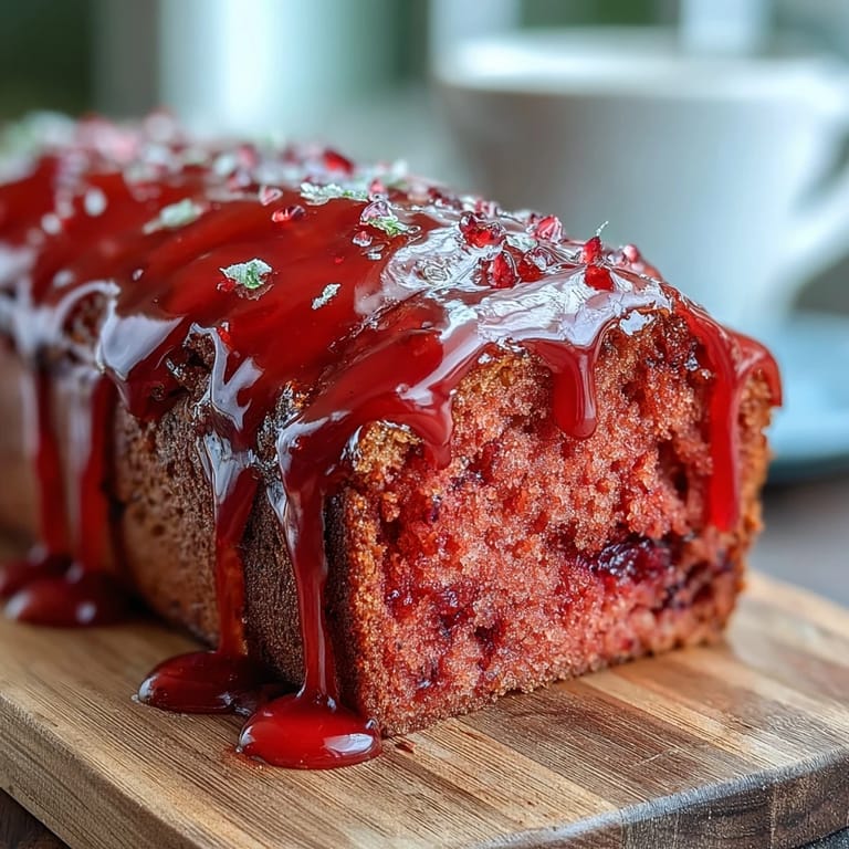 Overhead view of a Blood Orange Loaf Cake with Poppy Seeds and Marzipan, paired with tea cups and blooming orange slices.