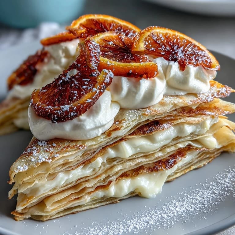 Bright Blood Orange Curd Crêpe Cake stands tall with soft whipped cream swirls and fresh blood orange slices on top.