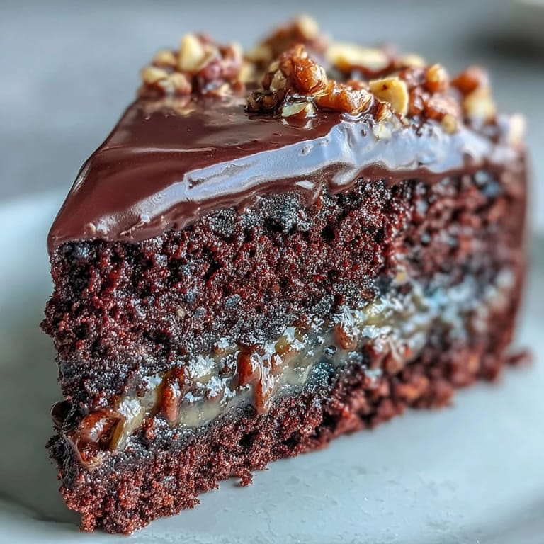 Moist Chocolate Celebration Cake with glossy ganache and hazelnut praline shards, served on a dessert plate.