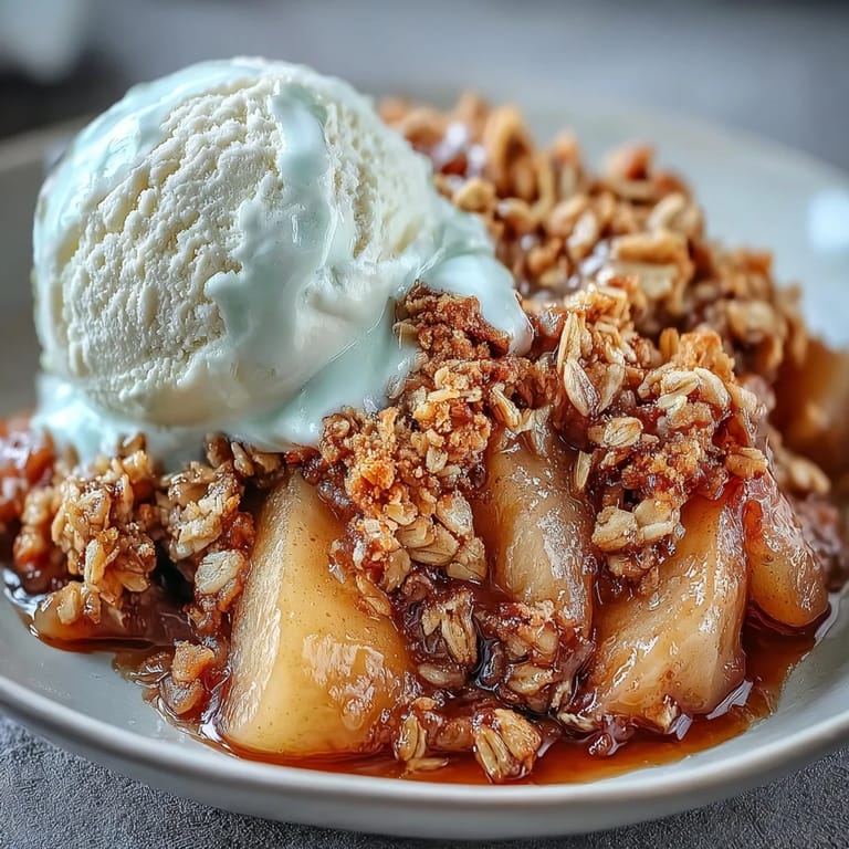 Close-up view of juicy pears and brown sugar crumble in a baking dish, bubbling and ready to be scooped up.