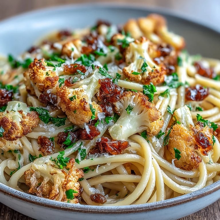 Close-up of plated Cauliflower, Anchovy and Raisin Spaghetti highlighting tender cauliflower and glistening olive oil.