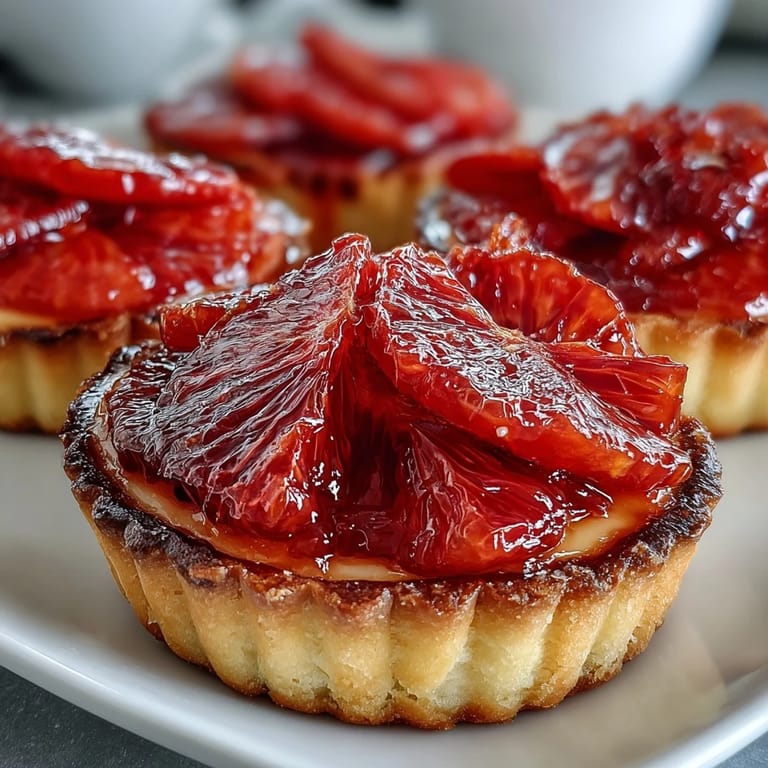 Close-up of a sliced Blood Orange Tart reveals the rich vanilla custard filling inside a flaky crust, topped with vibrant citrus segments and a drizzle of honey.