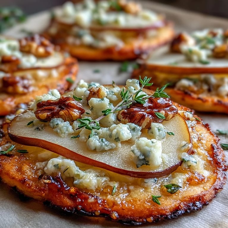 Golden-edged pizzettes served on a platter with arugula, showcasing creamy Gorgonzola and sweet pear toppings.