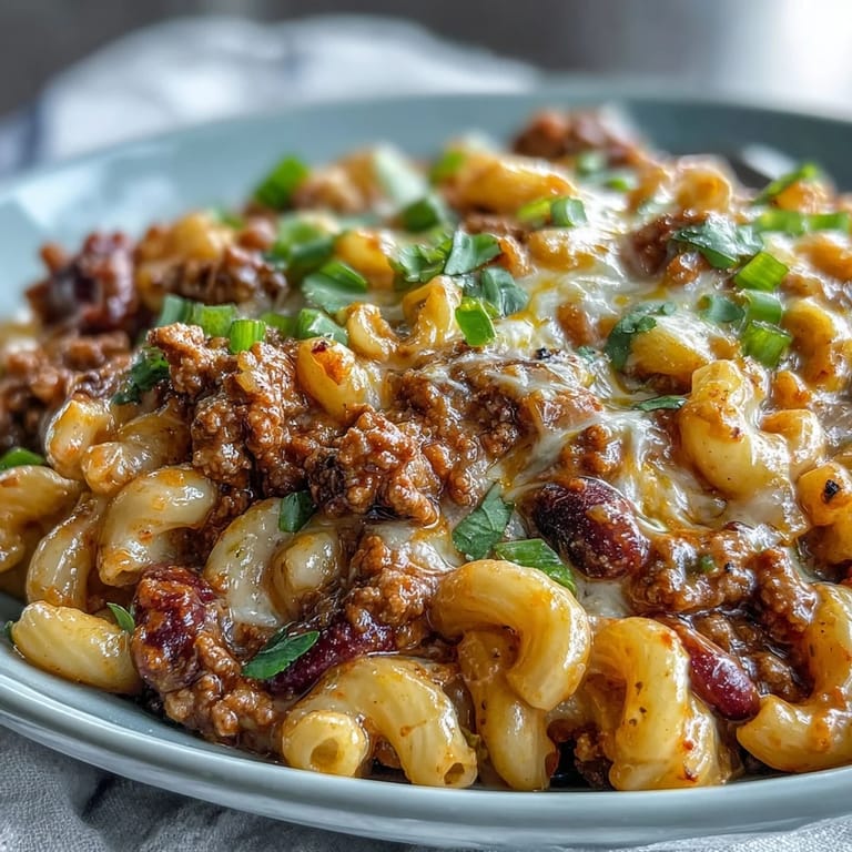 A creamy spoonful of One-Pan High Protein Chili Mac reveals melted cheddar, beans, and elbow macaroni.