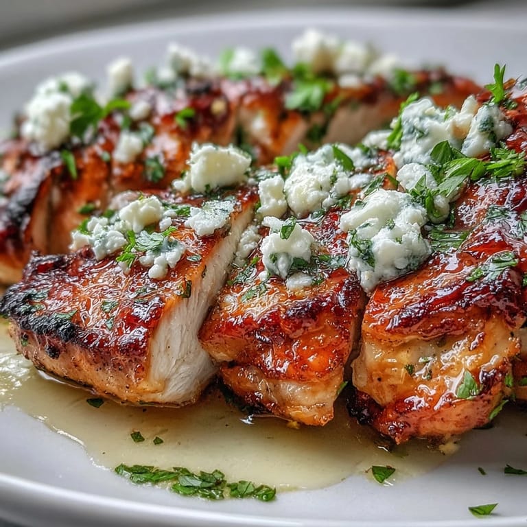 Freshly prepared Greek Chicken with Lemon and Feta topped with crumbled feta and vibrant green parsley.