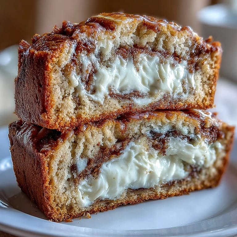 Thick slice of Cream Cheese Cinnamon Swirl Banana Bread on a plate, ready for breakfast or dessert with a cup of coffee nearby.