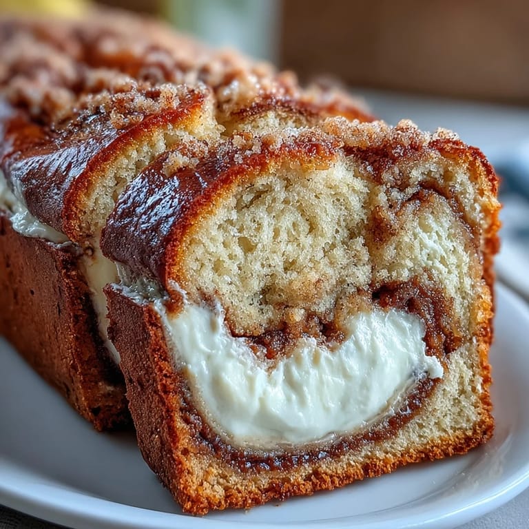 Warm Cream Cheese Cinnamon Swirl Banana Bread loaf cooling on a wire rack, featuring a golden crust and sugary cinnamon topping.