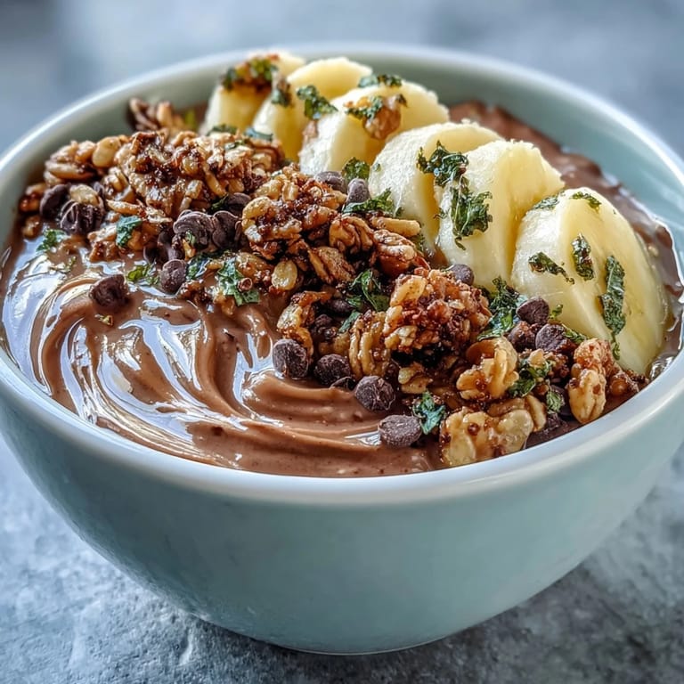Rich Chunky Monkey Smoothie Bowls with hemp seeds and cacao nibs for breakfast.