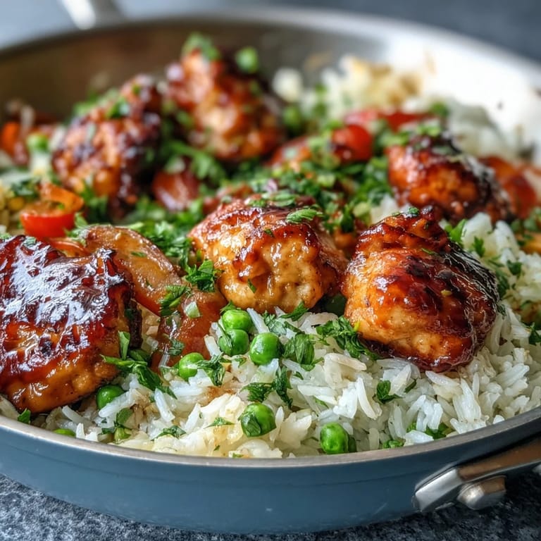 Family-friendly One-Pan Bold Honey BBQ Chicken Rice with saucy chicken, steamed bell peppers, and peas, perfect with a lime wedge.