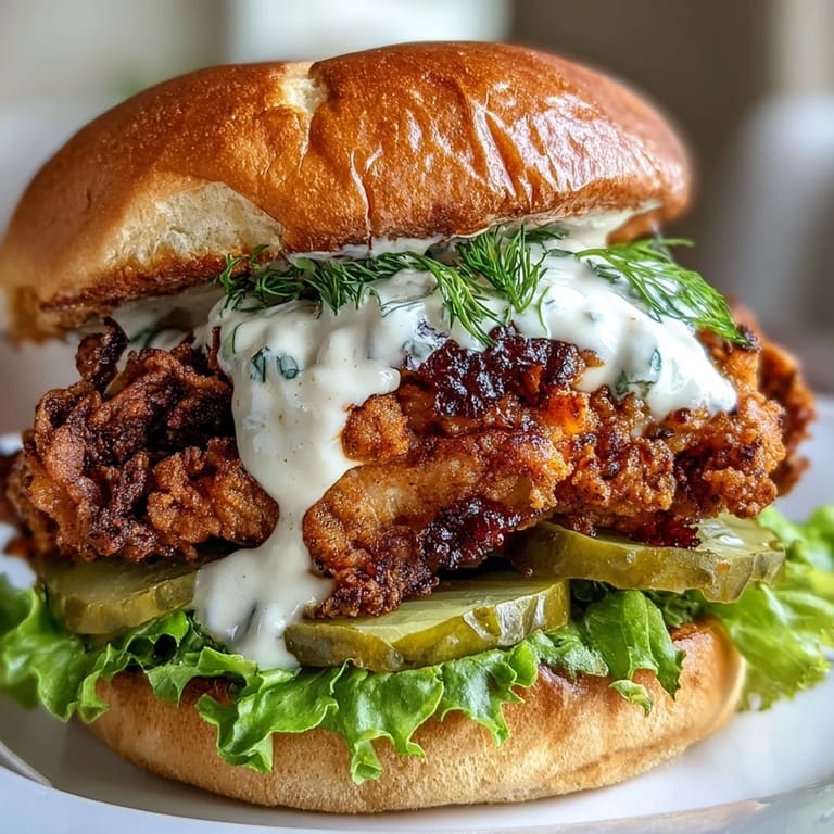 Homemade spicy chicken sandwich with buttery toasted buns, crunchy pickles, and a generous spread of luscious creamy sauce.