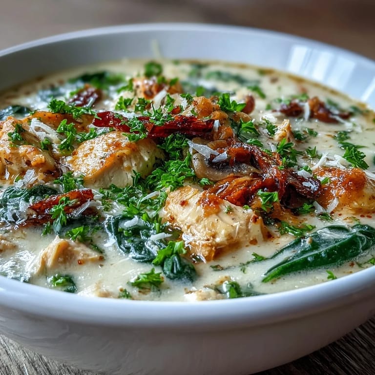 Hearty Garlic Parmesan Chicken Soup garnished with fresh parsley, steaming in a cozy, inviting kitchen setting.