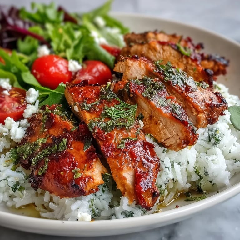 A colorful, gluten-free dinner bowl features tender chicken, crisp salad, and sun-dried tomato oil drizzle over rice.