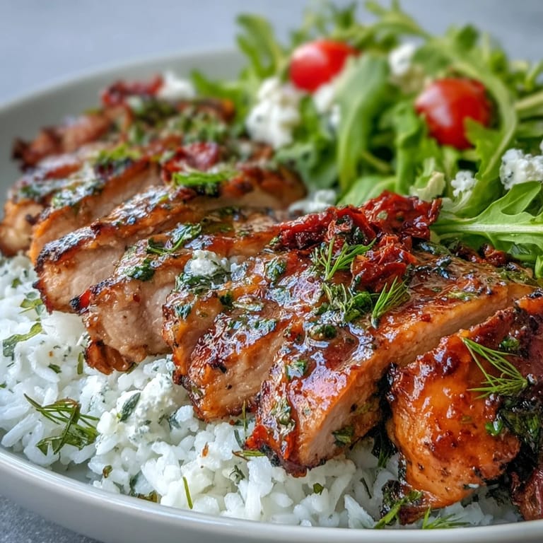 A vibrant Sun-Dried Tomato Chicken Bowl with golden chicken, fresh greens, and optional feta, perfect for easy weeknight meals.