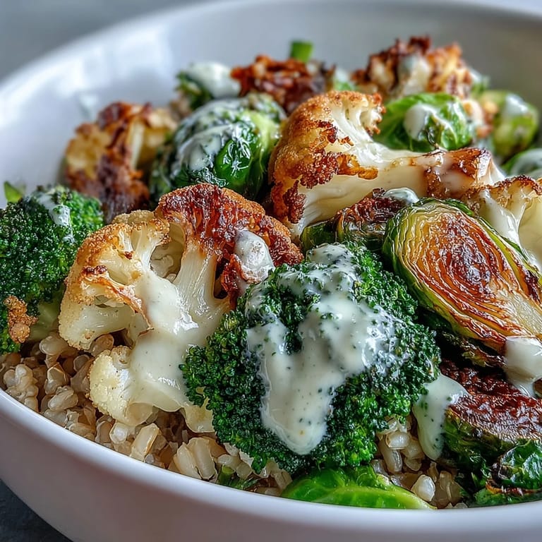 A generous drizzle of creamy tahini-lemon dressing coats the crisp-tender vegetables in this satisfying Roasted Brassica Bowl.  