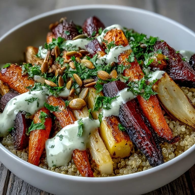 Vibrant, caramelized root vegetables and quinoa in a colorful bowl, perfect for a healthy vegetarian lunch.