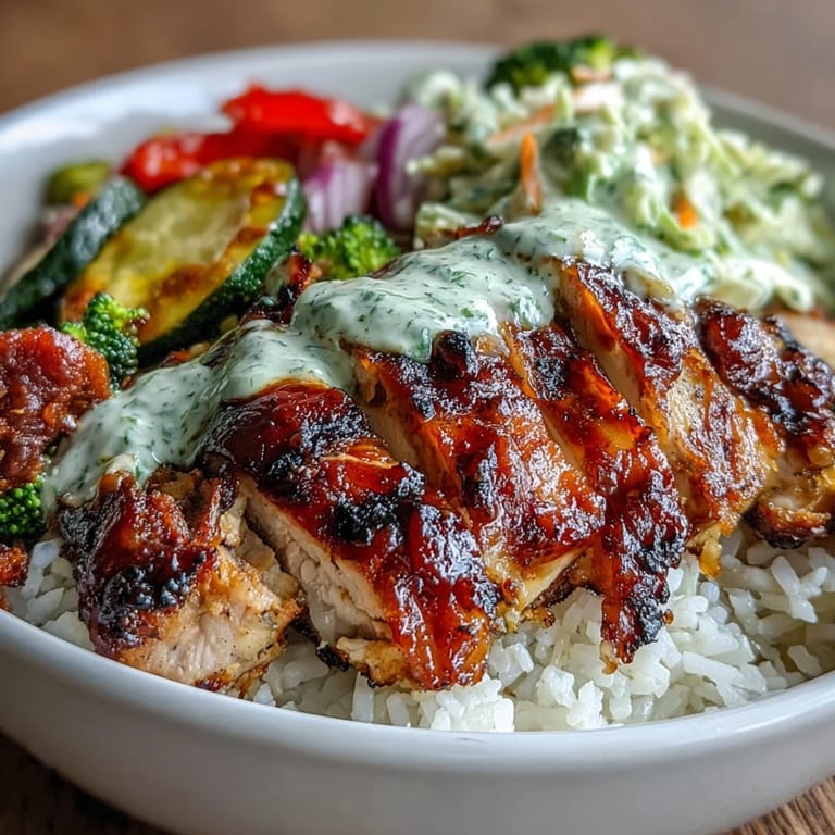 Serving suggestion for a BBQ Chicken Bowl, drizzled with extra sauce and garnished with fresh herbs on a rustic table.
