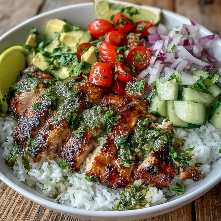 Colorful and gluten-free, this chimichurri chicken bowl features juicy marinated chicken, fresh vegetables, and cilantro garnish ready for a flavorful meal.