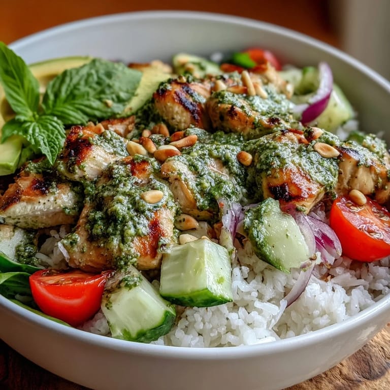 Tender basil-pesto marinated chicken rests on fluffy jasmine rice, topped with crisp cucumber, spinach, and toasted pine nuts.