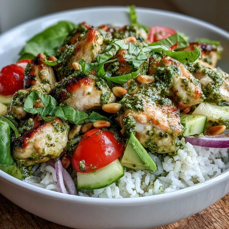 A nourishing Pesto Chicken Bowl featuring warm chicken, vegetables, and a garnish of fresh basil for a bright finish.