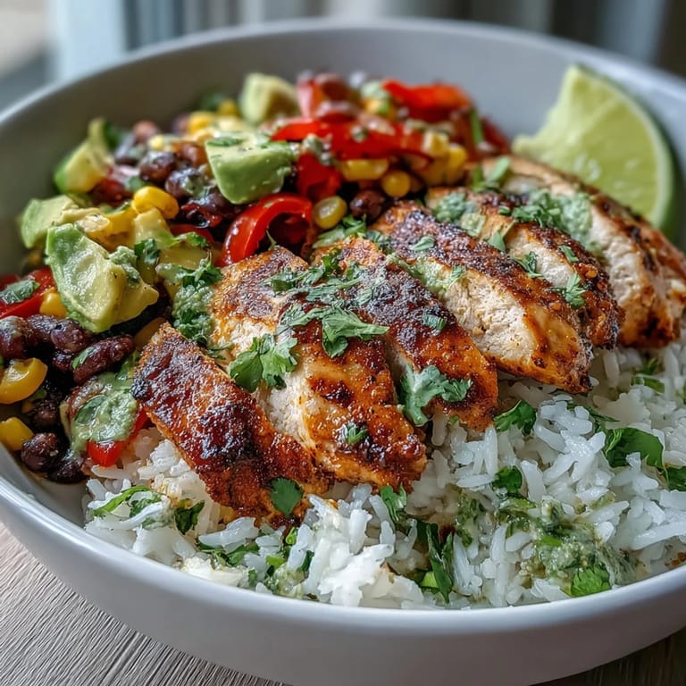 Cajun Chicken Bowl featuring golden-spiced chicken served over rice with sautéed bell peppers, onions, corn, and black beans.  