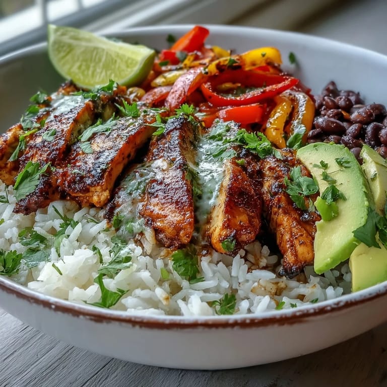 A colorful Cajun Chicken Bowl with juicy chicken, corn, peppers, and beans, garnished with lime wedges and cilantro for a fresh finish.