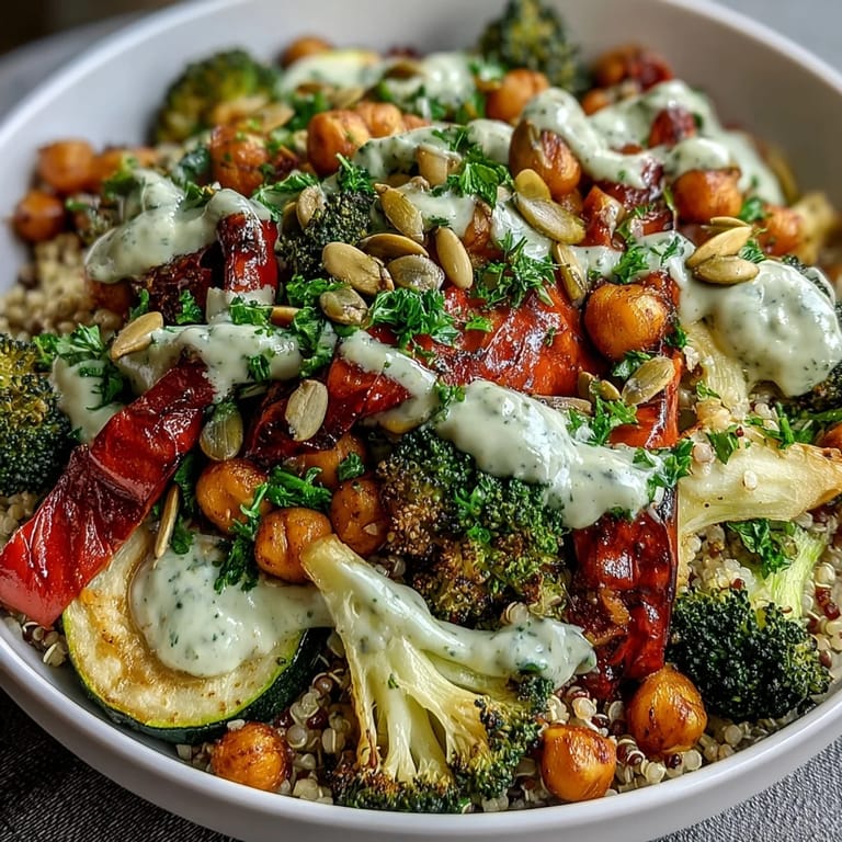 Top-down view of a wholesome Vegetable and Legume Bowl, loaded with roasted red bell peppers, zucchini, and lentils, garnished with fresh parsley and toasted pumpkin seeds.