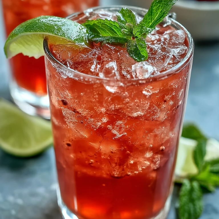 Pink Guava Nectar Drink poured into a glass over ice, with a pitcher and fresh mint nearby.