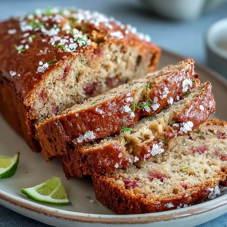 Slices of moist, dairy-free banana bread infused with guava and lime zest, topped with crunchy coarse sugar for a delightful contrast in texture.